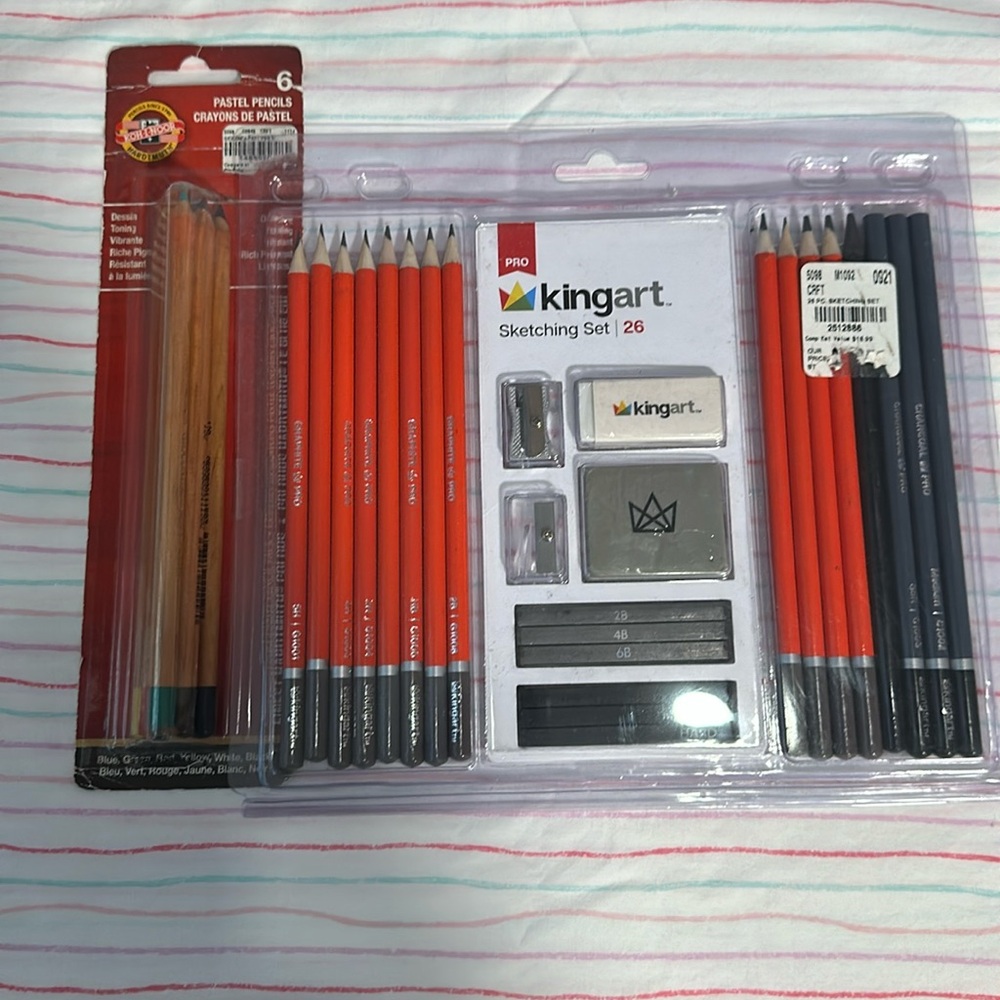 Art Supplies new in packages Kingart sketching set and pastel pencils